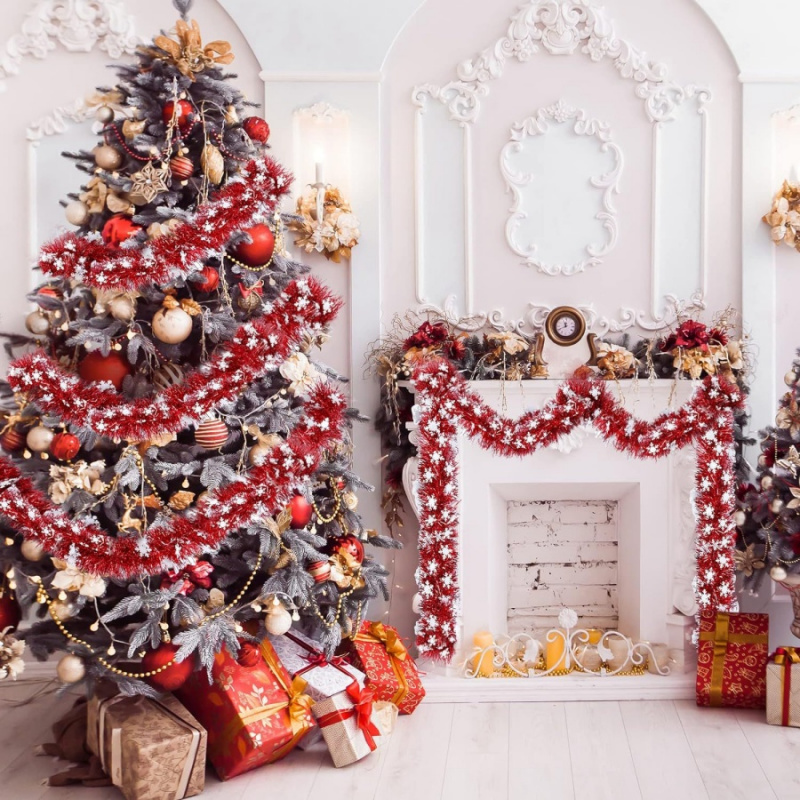 Tinsel Garland Decoration - 1pc Weihnachten Lametta Schneeflocke Rote Girlande